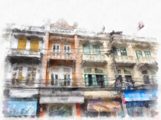 Fototapeta na wymiar landscape of buildings in the Bangkok city watercolor style illustration impressionist painting.