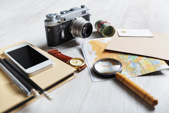 Still life with traveler's accessories. Travel concept.