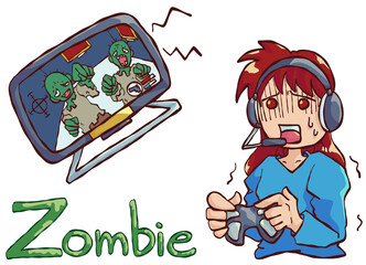 ゾンビゲームを恐怖しながら遊ぶ女性
