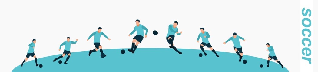 soccer player, football player dribbling and kicking the ball. set of colored illustrations