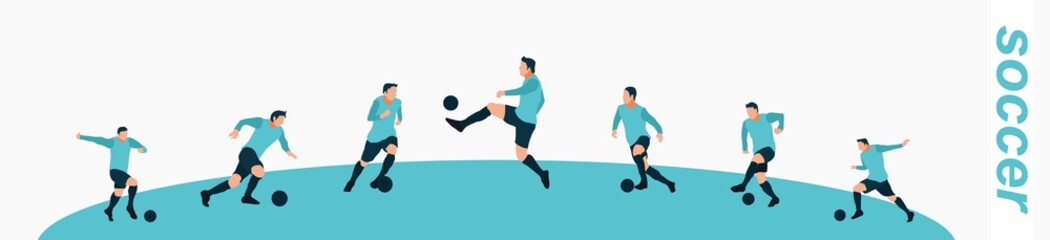 Obraz premium soccer, football player dribbling and kicking the ball. set of colored illustrations