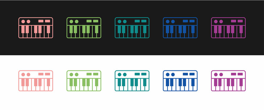 Set Music synthesizer icon isolated on black and white background. Electronic piano. Vector