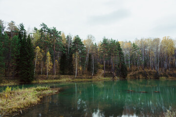 Autumn lake in the middle of forest. Rustic autumn landscape.
