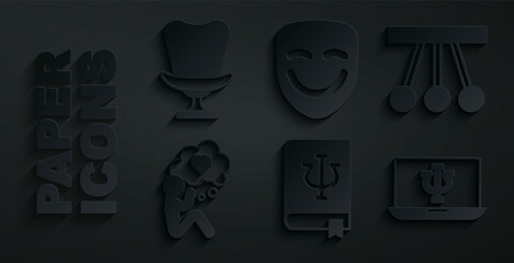 Set Psychology book, Psi, Pendulum, Head with heart, Psychologist online, Comedy theatrical mask and Armchair icon. Vector