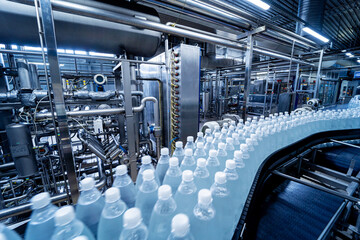 Conveyor belt with bottles of drinking water at a modern beverage plant.