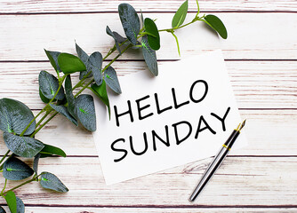 On a light wooden table, there is a eucalyptus branch, a fountain pen and a sheet of paper with the text HELLO SUNDAY