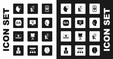 Set Psychologist online, Psychology, Psi, Question and Answer, Solution to the problem, Man graves funeral sorrow, Head with question mark, and icon. Vector