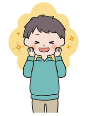 頬っぺたに手をあてて喜ぶ男の子