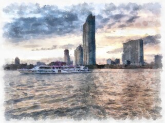 city river landscape watercolor style illustration impressionist painting.