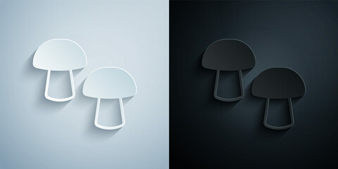 Paper cut Mushroom icon isolated on grey and black background. Paper art style. Vector