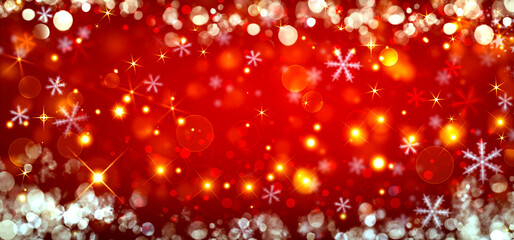 elegant red festive background, christmas card with glitter, stars and snowflakes