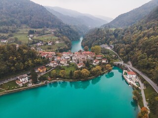 Drone views of Most na Soči in Slovenia