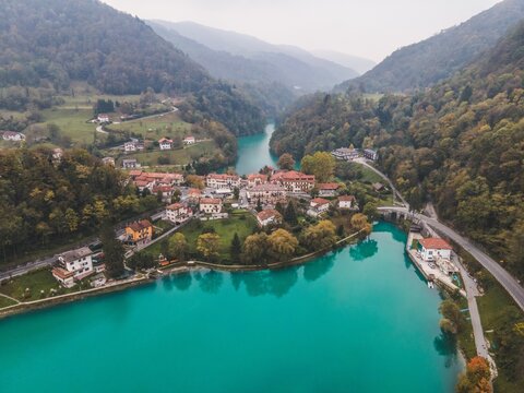 Drone views of Most na Soči in Slovenia