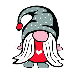 Cute gnome-girl in hat with polka dots. Valentine’s day decoration. Vector illustration in doodle style