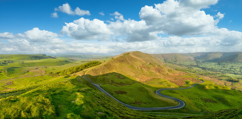 Serpentine road panorama in Peak District. Beautiful landscape of England