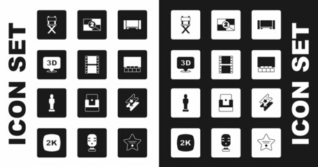 Set Smart Tv, Play video, 3D word, Director movie chair, Cinema auditorium with screen, Old film countdown frame, ticket and Movie trophy icon. Vector