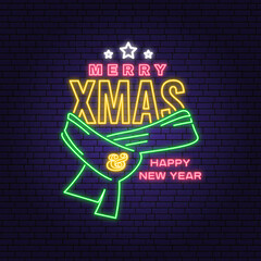 Merry Christmas and Happy New Year neon sign with Santa Claus winter scarf. Vector Vintage typography design for xmas, new year 2022 emblem in retro style. Santa Claus red scarf.