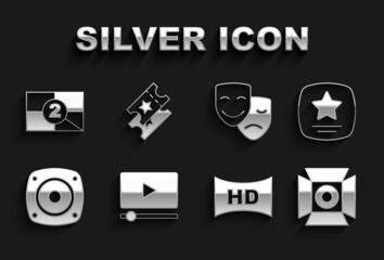Set Online play video, Walk of fame star, Movie spotlight, Hd movie, tape, frame, Stereo speaker, Comedy and tragedy masks, Old film countdown and Cinema ticket icon. Vector
