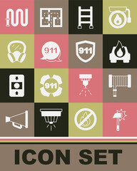 Set Firefighter axe, hose reel, Burning car, escape, Emergency call 911, Gas mask, and icon. Vector