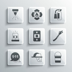 Set Firefighter helmet, bucket, hose reel, alarm system, Emergency call 911, Flasher siren, sprinkler and extinguisher icon. Vector