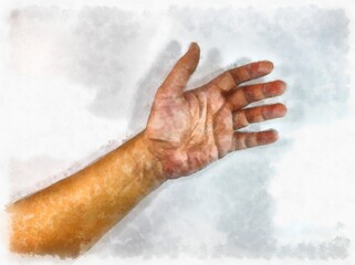 Male hands in various gestures watercolor style illustration impressionist painting.