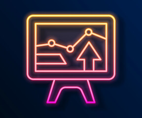 Glowing neon line Computer monitor with graph chart icon isolated on black background. Report text file icon. Accounting sign. Audit, analysis, planning. Vector