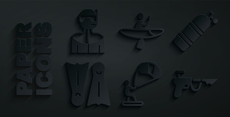 Set Kitesurfing, Aqualung, Flippers for swimming, Fishing harpoon, Kayak and paddle and Wetsuit scuba diving icon. Vector