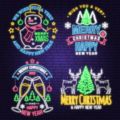 Set of Merry Christmas and Happy New Year neon sign with elk, snowman, forest landscape, glasses of champagne . Vector. Vintage design for xmas, new year emblem.