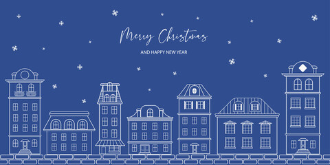 Snowy night in a cozy Christmas panorama of the city  on a blue background. © Evgika