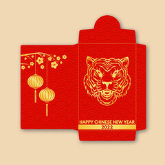 Chinese New Year red envelope flat icon. Vector illustration. Red packet with gold tiger and lanterns. Chinese New Year 2022 year of the tiger.