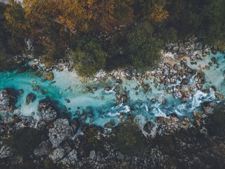 Drone views of the Soča River in Slovenia