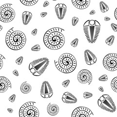 Ammonite trilobite vector seamless pattern background. Hand drawn spiral-form shell cephalopod and arthropod ribbed fossils. Monochrome backdrop.Extinct marine predators. Repeat for education