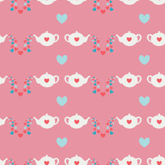 Vector seamless pattern with teapots and hearts. Romantic design.