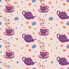Vector seamless pattern with teapots, cups, saucers, hearts and flowers. Romantic design.