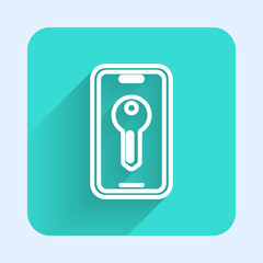White line Smart key icon isolated with long shadow. Green square button. Vector