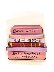 Vertical stack of books. Classical literature. Illustration