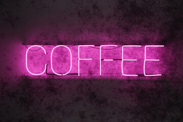 3D illustration vintage  neon tube coffee sign on a concrete wall, fluorescent light 3D illustration