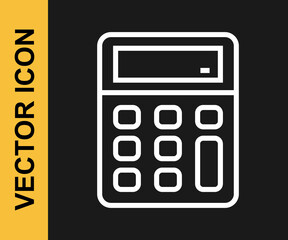 White line Calculator icon isolated on black background. Accounting symbol. Business calculations mathematics education and finance. Vector