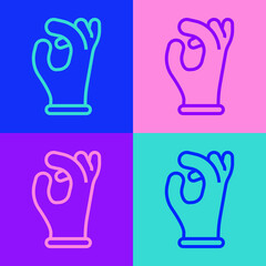 Pop art line Medical rubber gloves icon isolated on color background. Protective rubber gloves. Vector