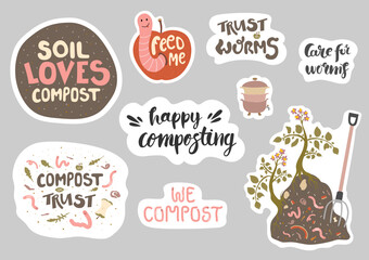 Set of stickers about vermicomposting and composting. Collection of hand drawn illustrations and lettering about ecology, zero waste and sustainable household. A4 proportions.