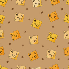 Pieces of yellow cheese seamless pattern. Vector flat illustration