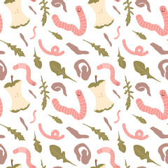 Seamless pattern with hand drawn red worms, greens, apple core and potato scraps. About ecology, zero waste, vermicomposting, and sustainable household. For prints, texture, wrapping paper, etc.