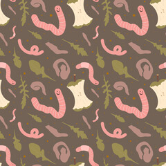 Seamless pattern with hand drawn red worms, greens, apple core, potato scraps, dirt. About ecology, zero waste, vermicomposting, and sustainable household. For prints, texture, wrapping paper, etc.