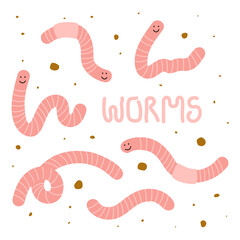 Collection of cute worms with smiling faces a hand-drawn text - Worms. Vector illustration, isolated on white.