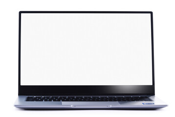 A laptop computer with an empty screen isolated on white