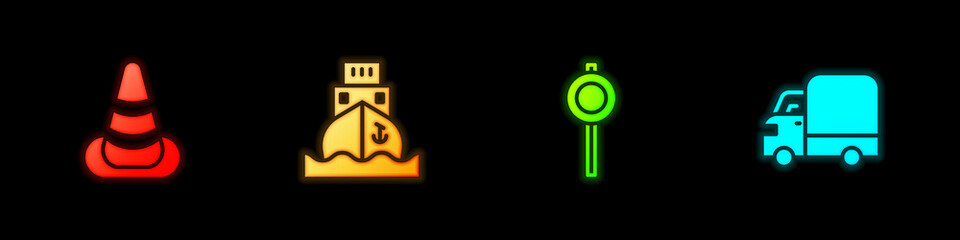 Set Traffic cone, Cargo ship, Road traffic signpost and Delivery cargo truck icon. Vector