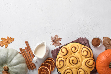 Cinnamon rolls or cinnabon homemade recipe raw dough preparation sweet traditional dessert buns pastry food baked homemade swirl Danish mini snack. Food ingridients. Top view. Fall baking concept