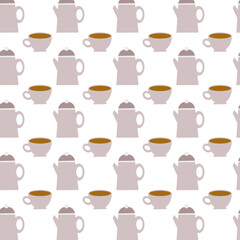 Seamless pattern with a coffee pot and a cup on a light background