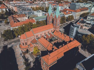 Drone views of the The Franciscan Church of Maribor in  Maribor, Slovenia