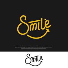 Hand drawn yellow typography smile logo on dark and white background vector illustration